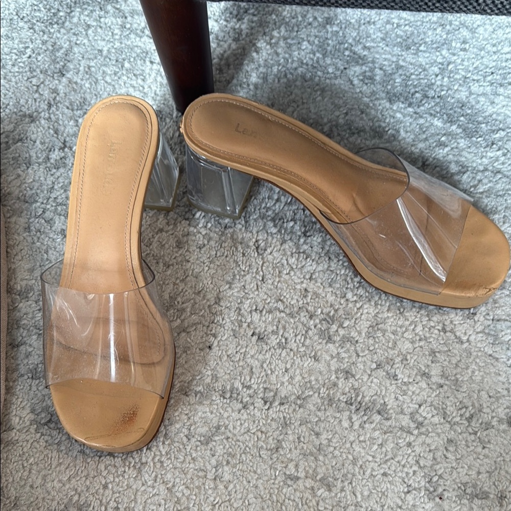 Larroude Clear Strap Tan Block Heel Sandals